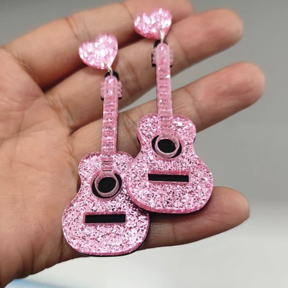 NEW pink glitter guitar western earrings Taylor swift eras tour - Picture 1 of 4